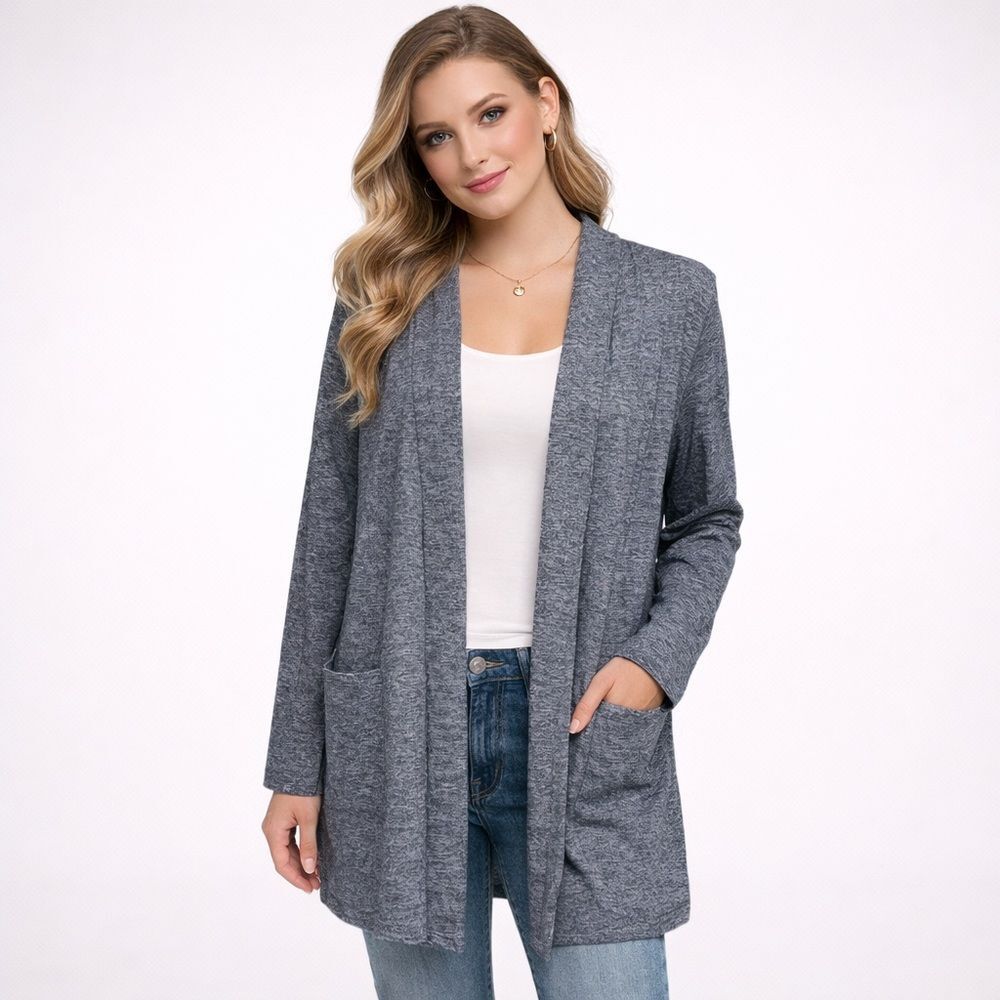42POPS Open-Front Lightweight Knit Cardigan Heather Slate Gray Blue size M